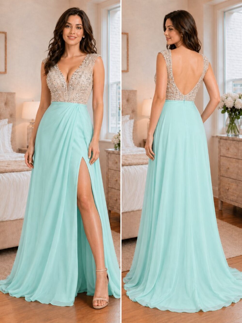 New Mac Duggal Mint Beige Beaded Formal Gown $258